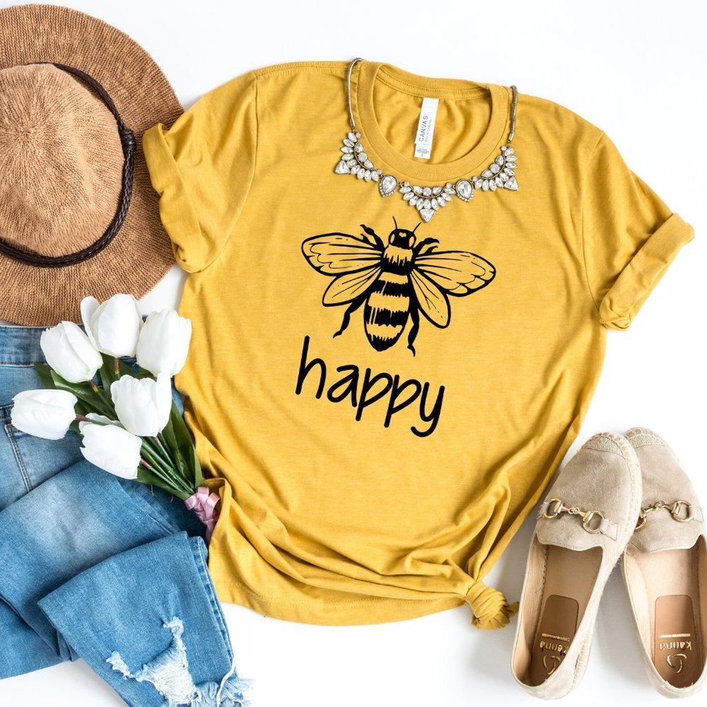 Bee Happy Graphic Unisex T shirt Womens Tops NEW